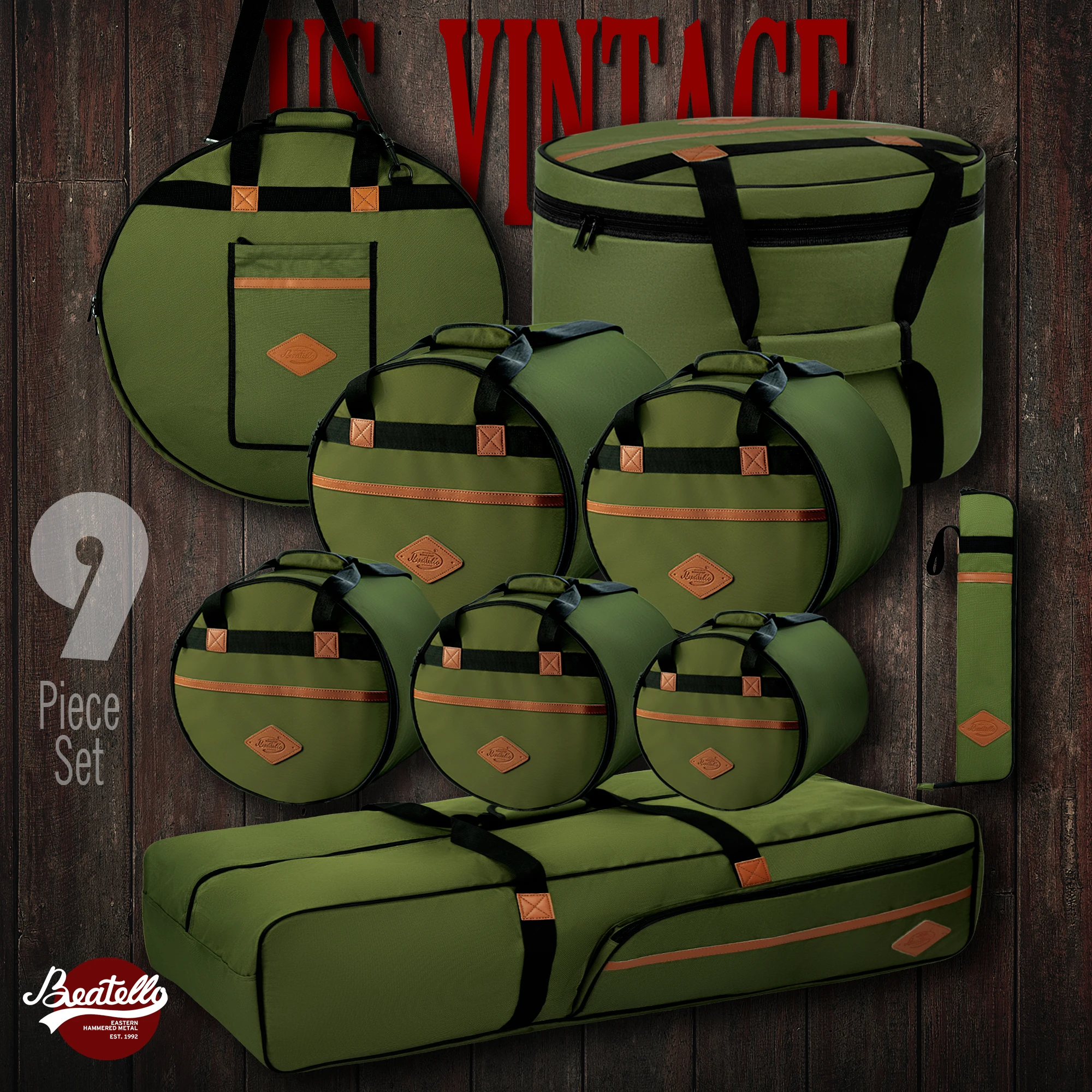 Vintage 6-Piece Drum Set + Hardware Complete 9-Piece Stick Package Durable Oxford Fabric Quick-Remove Install