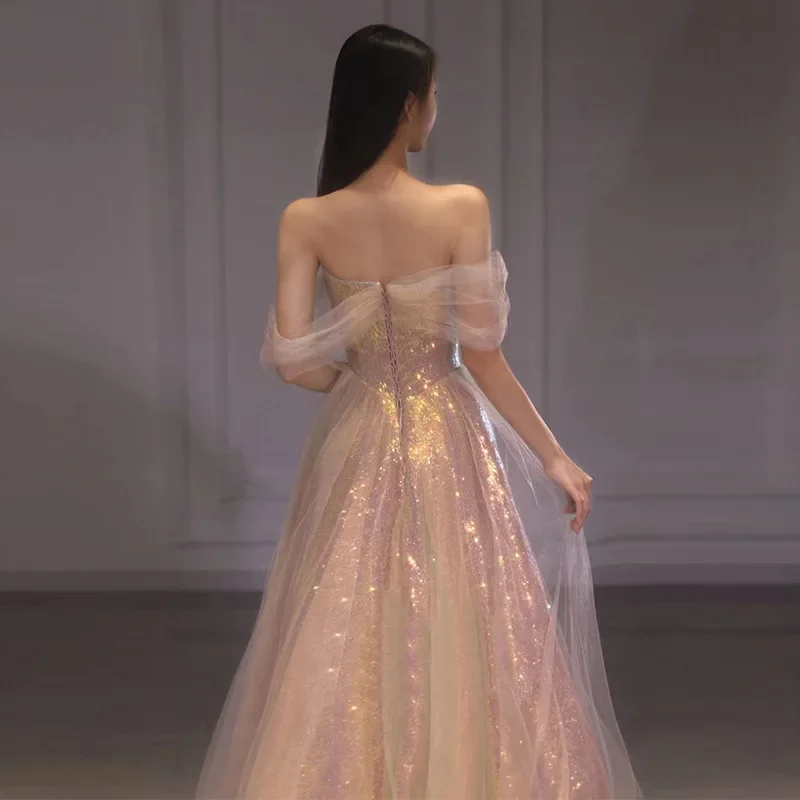 Impresionante vestido rosa con hombros descubiertos, vestido de noche para novia y dama de honor con temperamento para banquete