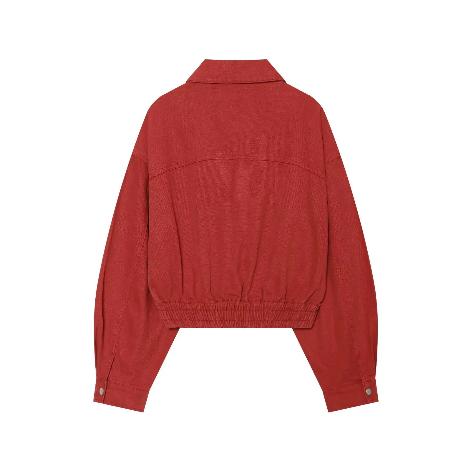 Retro Red Canvas Cropped Bomber Jacket Point Collar Full Zip Elastic Waistband Drop Shoulder Loose Vintage Casual Outerwear