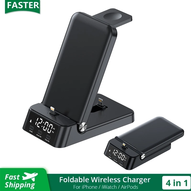 4 in 1 Wireless Charger Stand Foldable For iPhone 16 15 14 13 12 Samsung Apple Watch 8/7/6 Clock Alarm Fast Charging Station