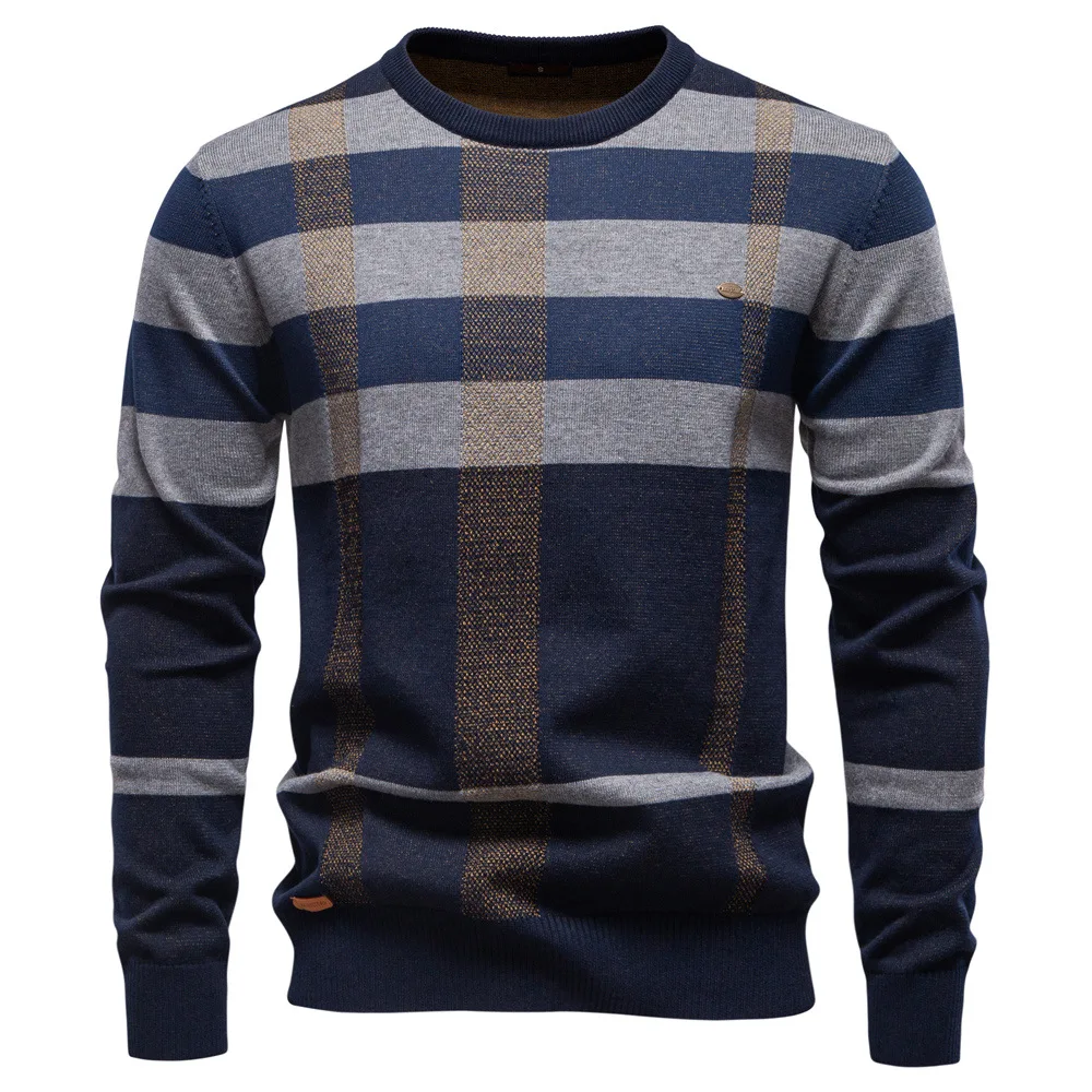 

European New Fashion Autumn Winter Men's O-neck Long Sleeve Casual Trendy Color-coded Plaid Loose Knitted Sweaters Male Pullover