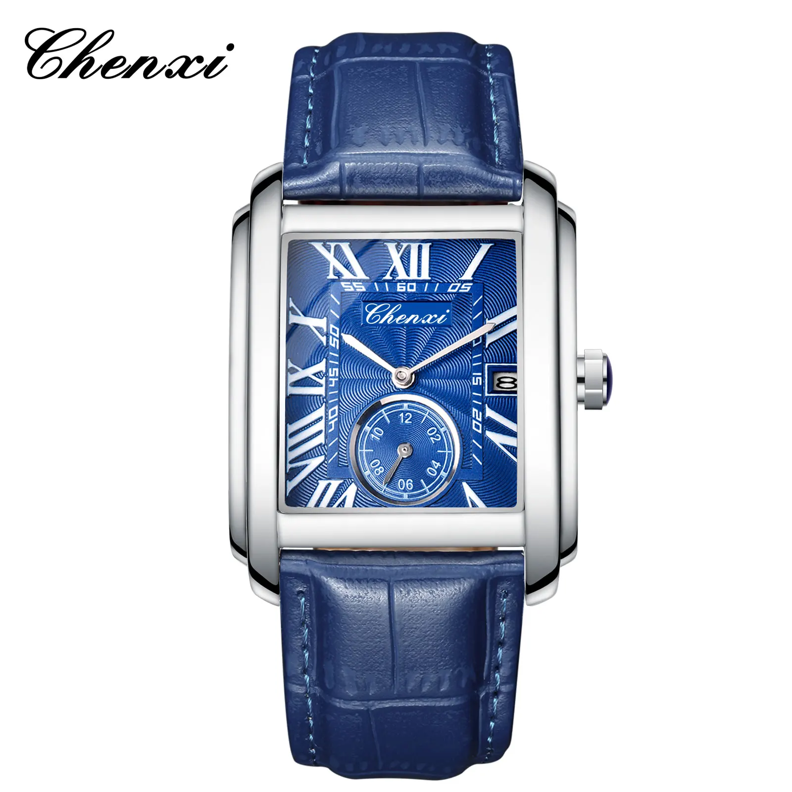 Chenxi 8216 Top-Marke Rechteckige Sportuhr für Herren Bestseller Militär-Kalender Wasserdichte Echtleder-Quarzuhr Elegante Armbanduhr
