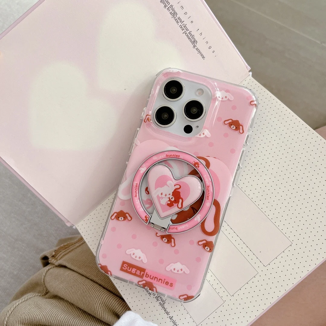 Sugarbunnies heart Magnetic Ring Rotation Holder Magsafe Wireless Charge Phone Case For iPhone 16 15 14 13 Pro Max Cover﻿