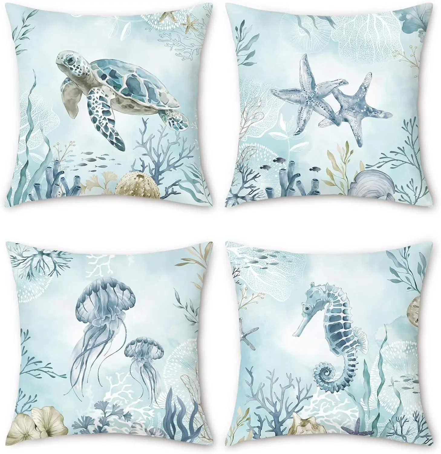 4pcs Ocean Sea Turtle Starfish Jellyfish Seahorse Printed Pillow Cover Polyester Cushion Case 2D Flat Beach Home Decor Now