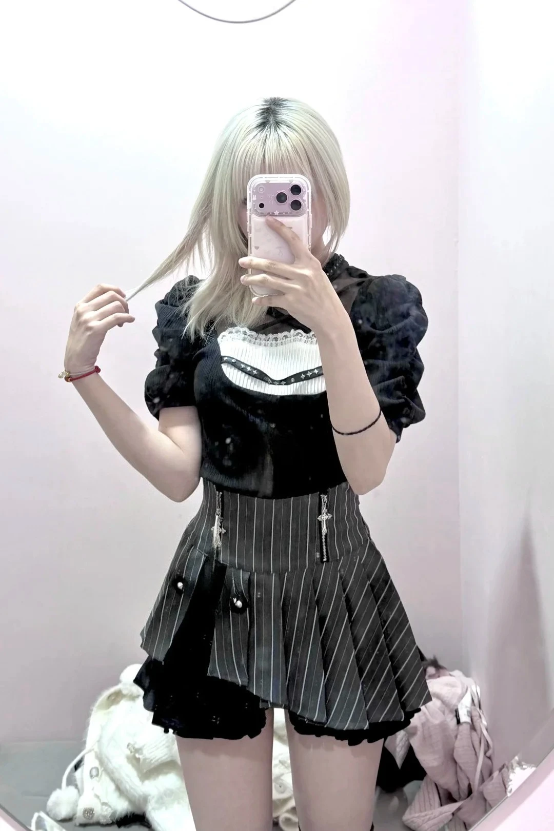 Punk Y2K Lolita Girl Dress Women Casual Mesh Insert Puff Sleeve Top + Mini Skirt Zipper Y2K Retro Harajuku Subculture Streetwear