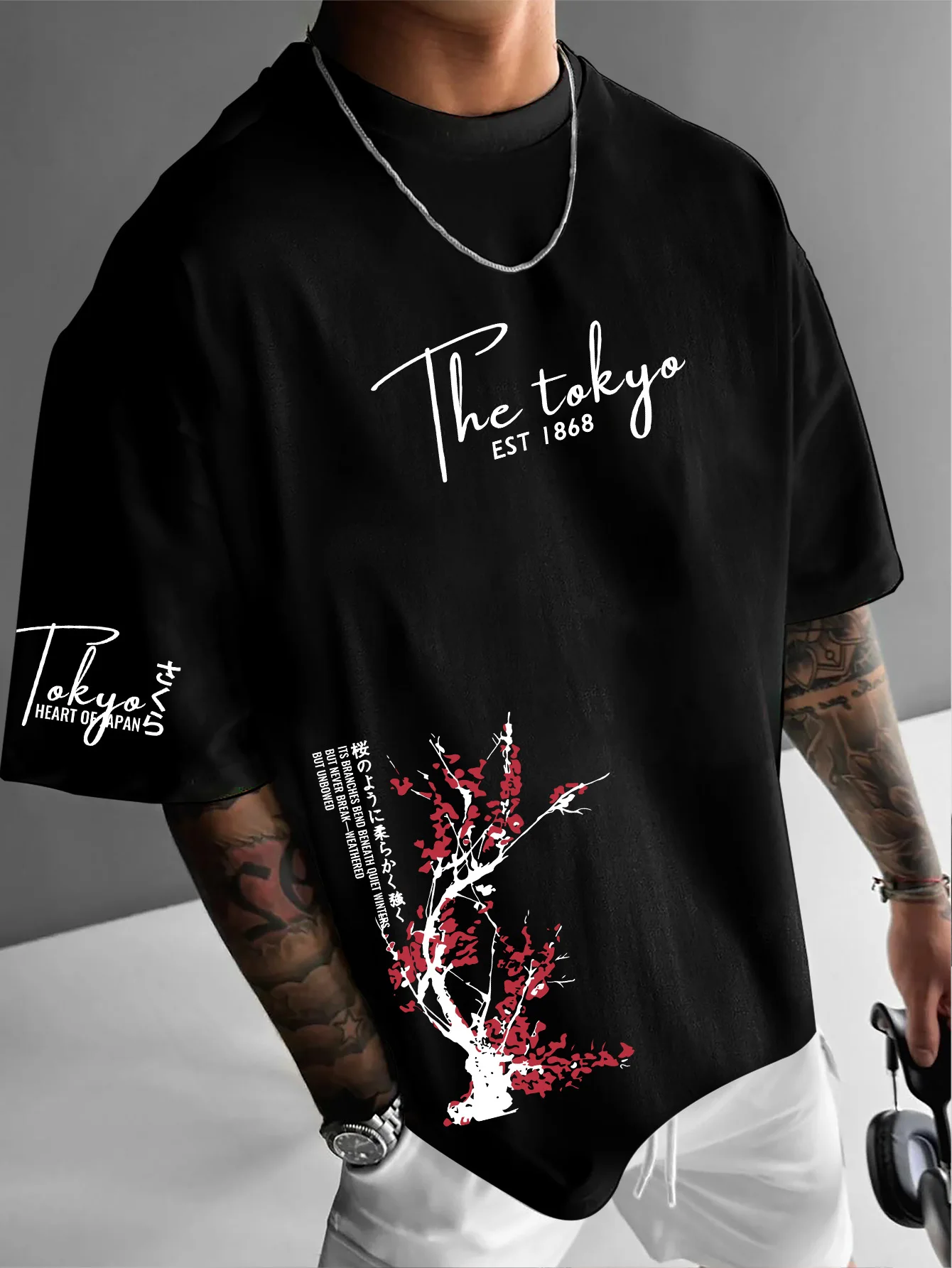 Men's Streetwear T-Shirt, The Tokyo EST 1868 Cherry Blossom Japanese Text Print, Polyester, Daily Streetwear, S-XXL