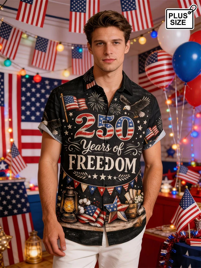 Men Hawaiian Shirt America 250 1776–2026 Vintage Patriotic Shirt Summer Fashion America Celebration Button Down Beach Shirts New