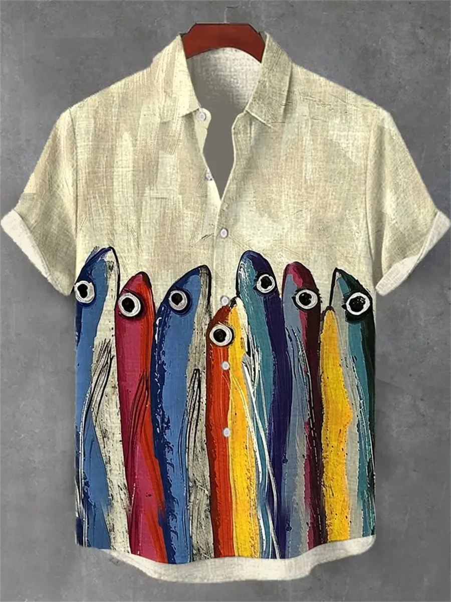 2025 Men's New Retro Style Fish Pattern Print Men's Casual Linen Comfortable Fabric Short Sleeve Shirt Button Stand Collar Top