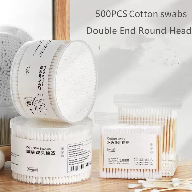500PCS Disposable Cotton Swab Box With Double End Round Head For Makeup And Makeup Removal Daily Cleaning Pet Care Multi-purpose