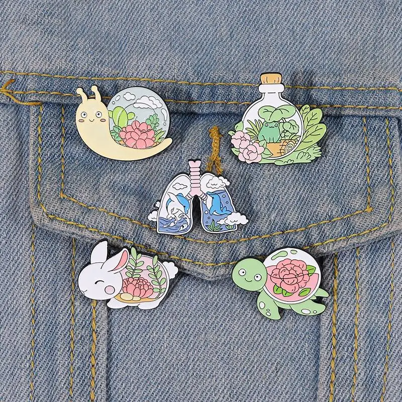 Animal Plant Enamel Pins Custom Snail Frog Rabbit Tortois Whale Lung Brooches Lapel Badges Nature Jewelry Gift for Kids Friends