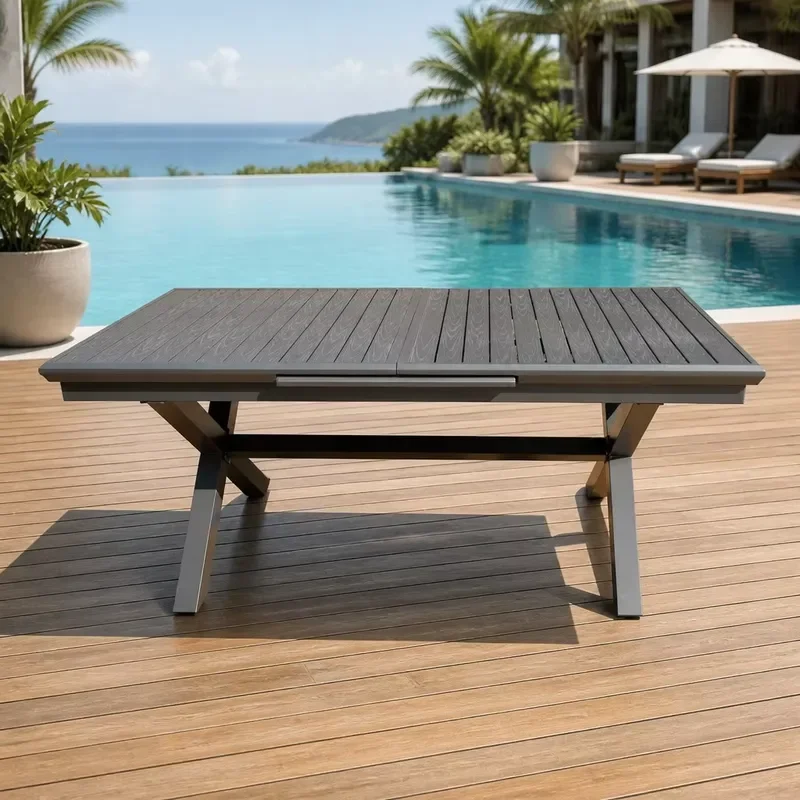 Modern Aluminum Alloy Retractable Camping Table Waterproof Wood Grain Outdoor Dining Furniture for Park Courtyard School Use