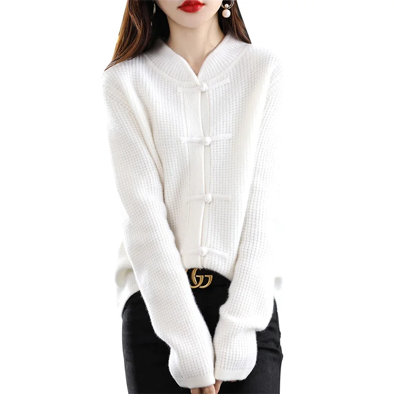 100% Pure Wool Cardigan Casual Knitted Half-high Collar Women China Knot Buckle Sweater Knitted Autumn Winter Cashmere Jacket