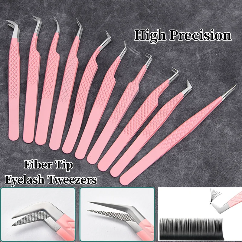 Pinzas de pestañas con punta de fibra de precisión para extensiones de pestañas postizas, Nano Clip rosa, aislamiento de volumen de bota, pinzas para decoración de uñas, herramientas de maquillaje