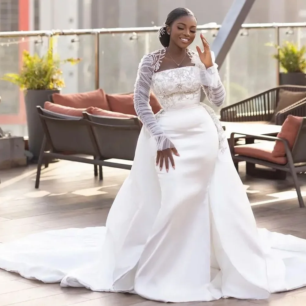 

Africa Mermaid Wedding Dresses with Detachable Train Long Trumpet Sleeve Rhinestone Bridal Gowns robes de mariee Customized