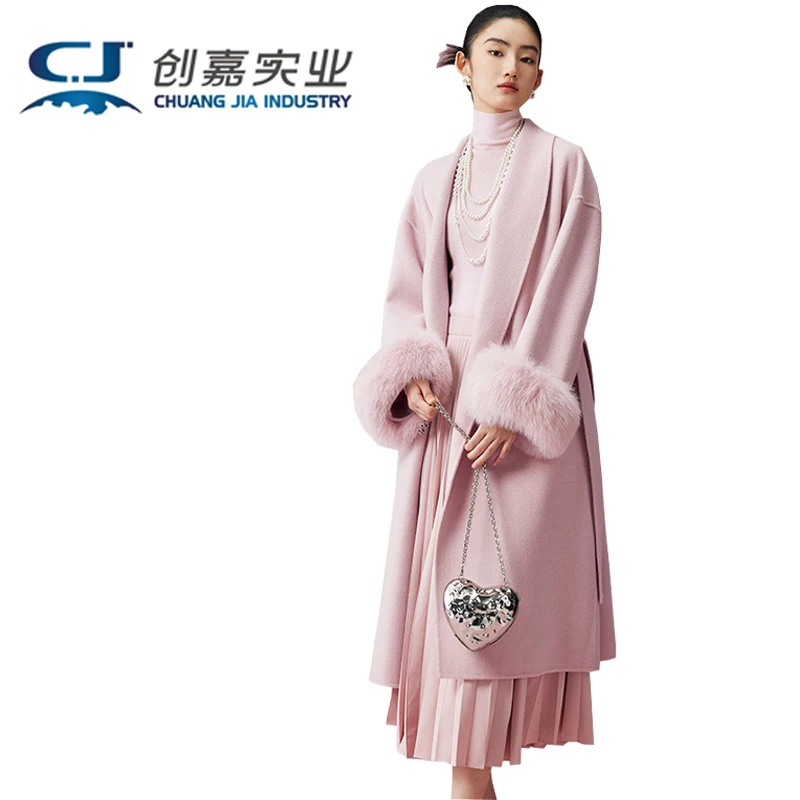 Luxury Double-sided Wool Women's Coat Pink Cashmere Long Lace-up Coat Cuff Mink Elegant Coat Warm Supple Stylish Autumn Winter