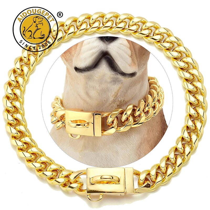 

14mm Wide Metal Pet Necklace 18K Gold Dog Collar Stainless Steel Cuban Link Chain for Small Medium Large Dog Collar Product