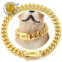 Colar de aço inoxidável do animal de estimação do metal largo da corrente 14mm da ligação cubana do colar do cão do ouro 18k para o produto médio pequeno do colar grande do cão