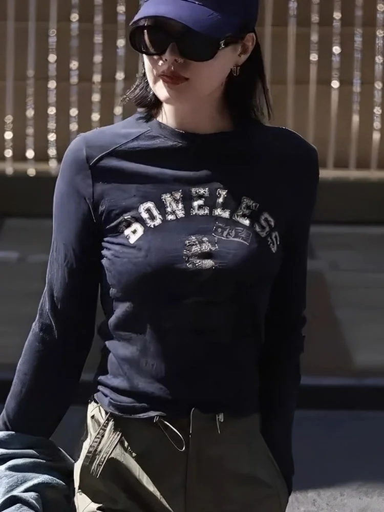 

Американская круглая футболка Ne Long Sve в стиле ретро, облегающий женский топ с принтом, повседневный удобный дышащий осенний новый Arr...