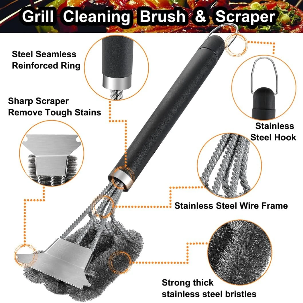 Safe Grill Brush and Scraper, Handle BBQ Cleaning Brush with Stainless Steel Bristles, Suitable for Outdoor Grill Grate Cleaner