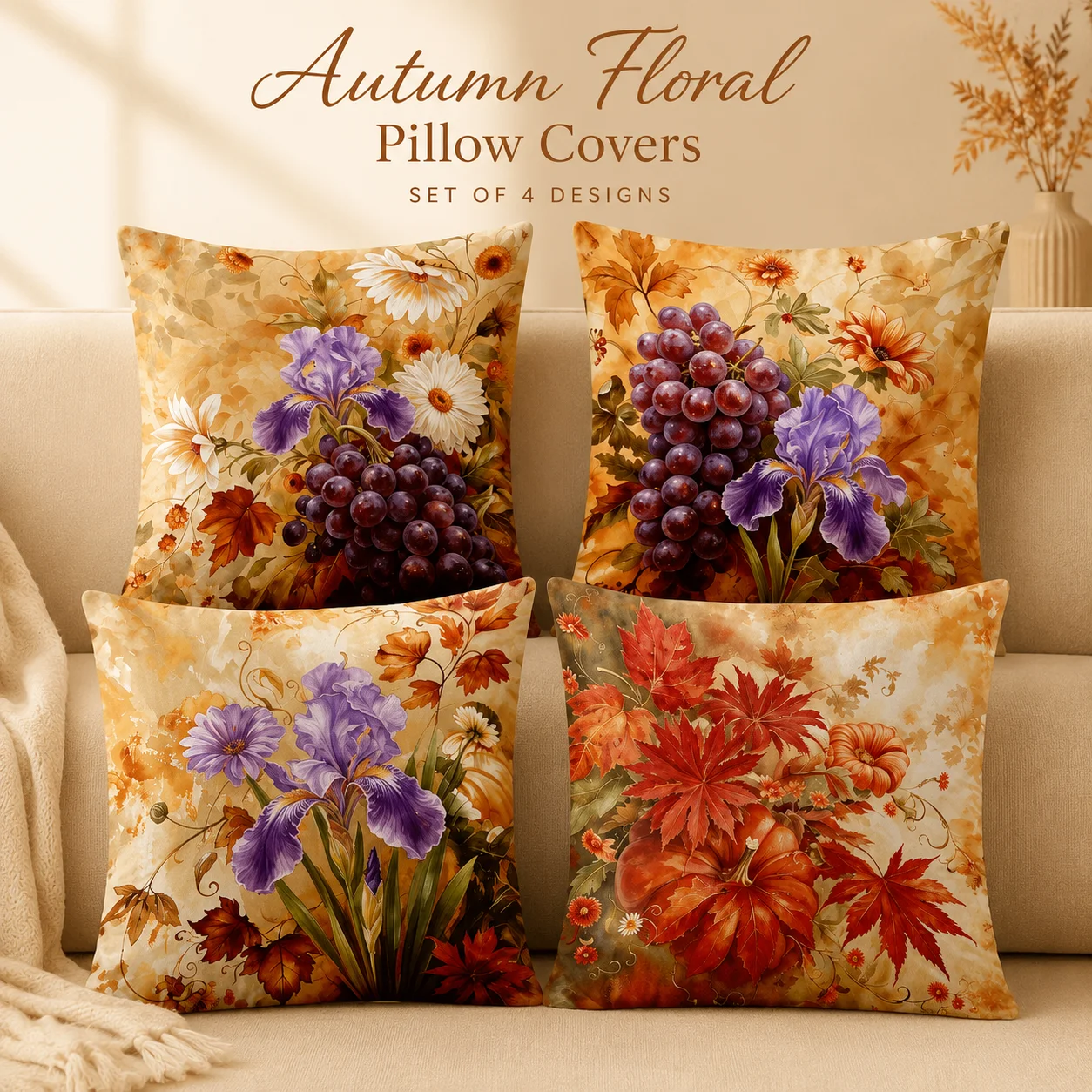 

4Pcs Aesthetic Fall Harvest Pillowcase Peach Skin 2D Flat Printed Floral Cushion Covers Coussin Room Decor Gift Idea
