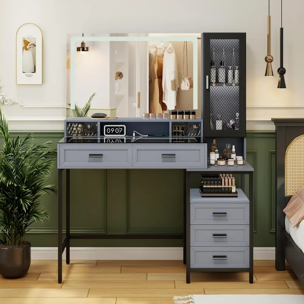 

%a Makeup Vanity Desk with Mirror & Charging Station, Widen Glass Top Design Small Vanity Table with 5 Drawers,Grey