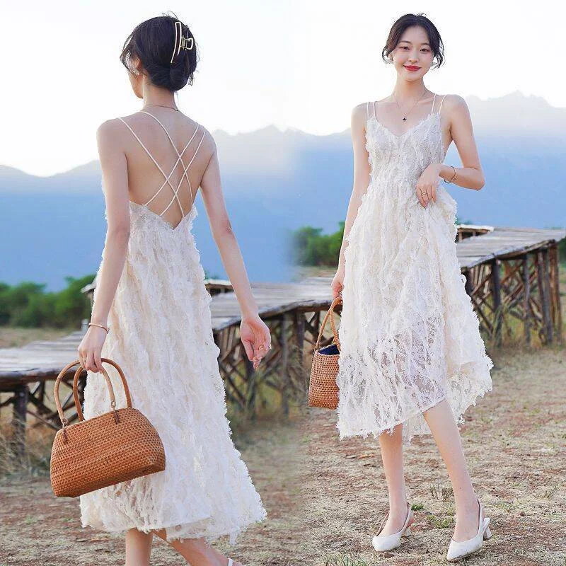 Women Dress Summer White A-Line High Waist Tassel Feather Spaghetti Strap Backless Midi Dress Beach Holiday Casual Dress Boho