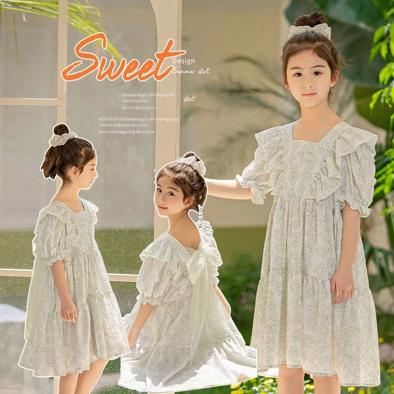 JUCPKID Korean Summer Children Girl Breathable Dress Teenager Girl Flower Bubble Sleeve Princess Dress School Girl Prom Dress