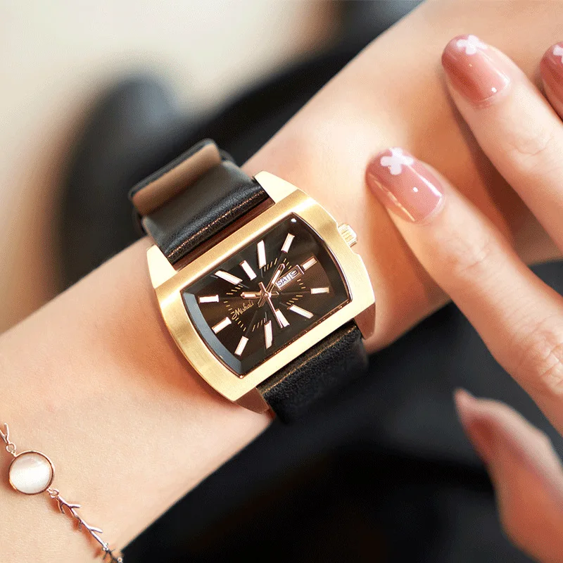 Rectangular vintage Wrist Watches For Women Silver Case Ladies Luxury Brand Genuine Leather Band Quartz Clock Reloj Mujer