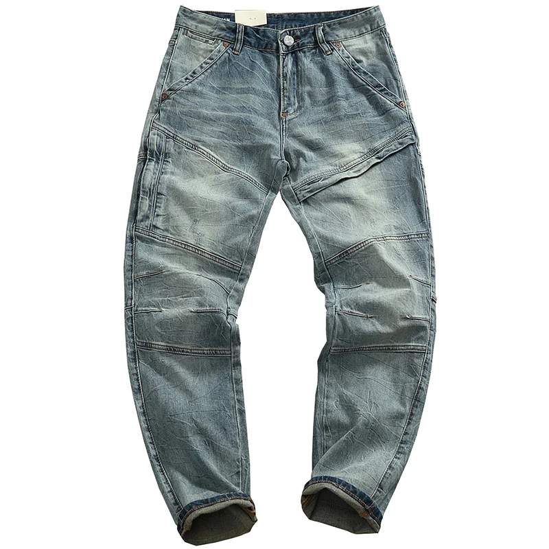 2025 봄 뉴 아메리칸 빈티지 3D 스테레오 자르기 스플 라이스 남성 탄성 포스 청바지 패션 슬림 씻어 오래된 캐주얼 연필 바지