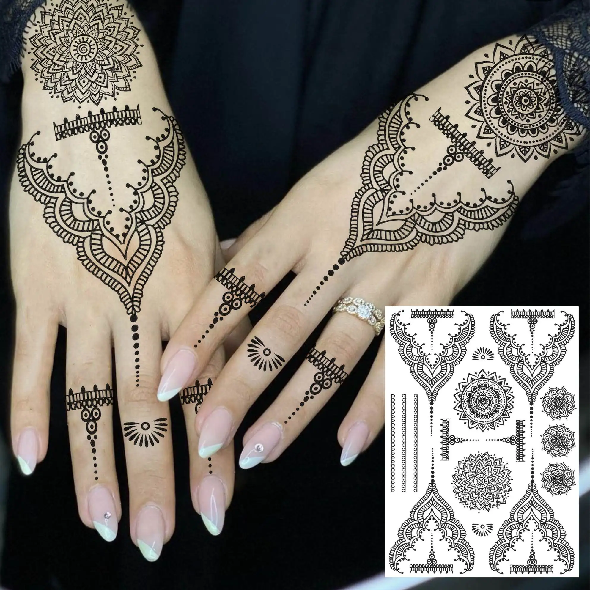 4 枚黒ヘナマンダラフラワーメヘンディ一時的な入れ墨女性大人用フェイク防水ボディアートペインティングタトゥーステッカー