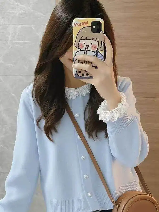 Unique Blue Lace Splice Knitted Short Coat Women's Loose Style High End Feeling Sweater Soft Polyester Long Sleeve round Neck