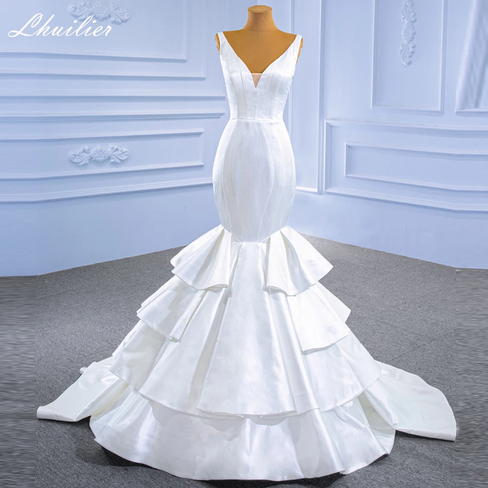 

Lhuilier Customized V Neck Mermaid Satin Wedding Dresses Sleeveless Floor Length Tiered Bridal Gowns
