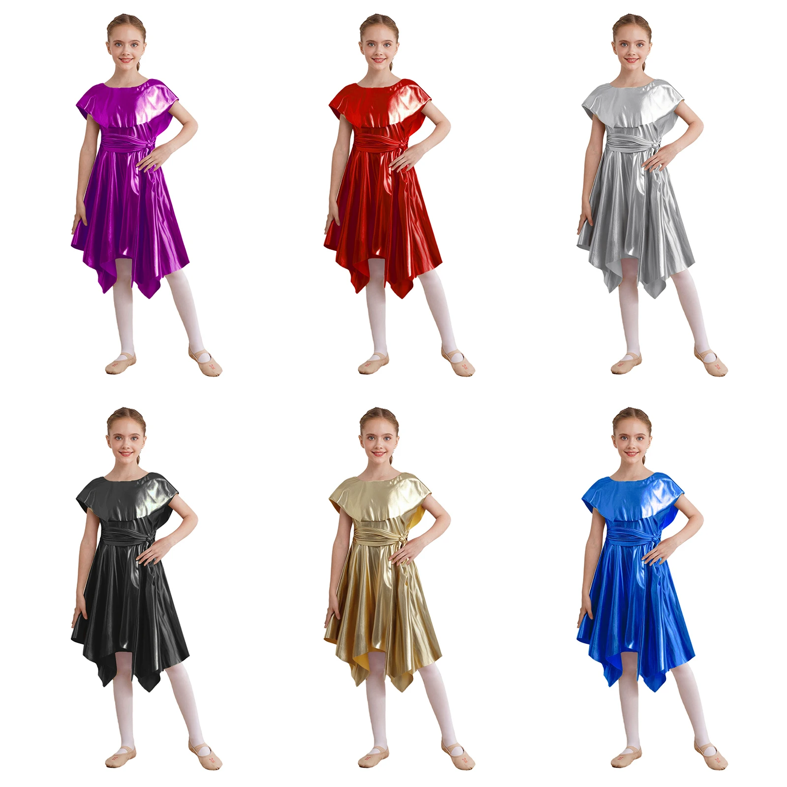 

Kids Girls Praise Dance Metallic Tunic Christmas Halloween Cosplay Theme Party Costume Asymmetrical Hem Belted Choir Dress