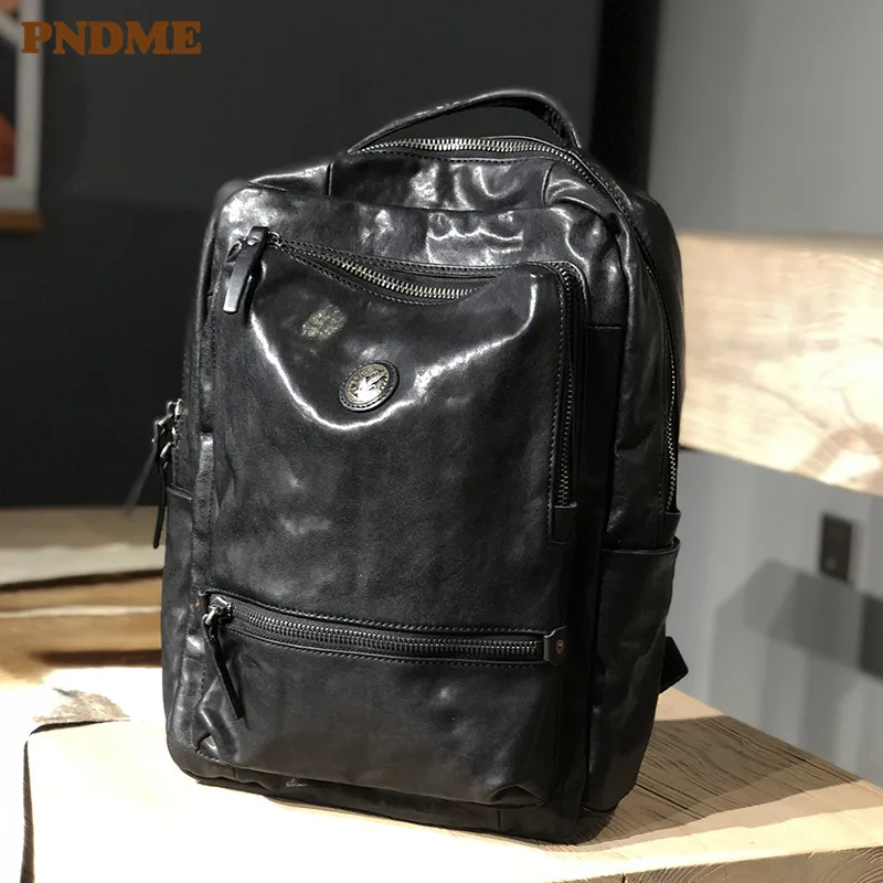 

PNDME Fashion Luxury Genuine Leather Men Women's Black Backpack Outdoor Travel High Quality Natural Real Cowhide Laptop Bagpack