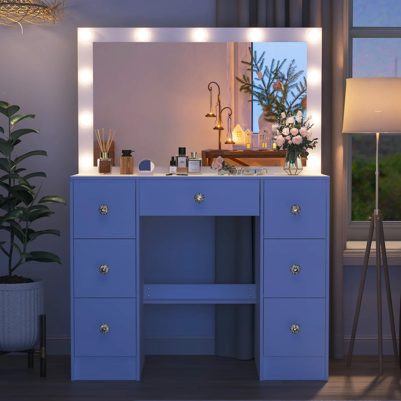 زينة خشبية مستوحاة من الطراز العتيق مع مرآة مضاءة - 3 أوضاع إضاءة وأدراج وأرفف واسعة