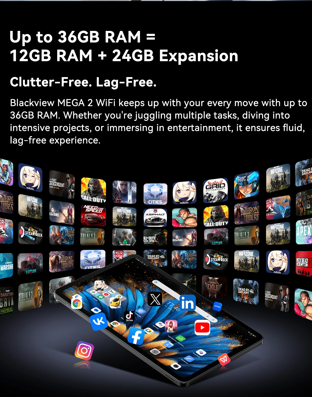 Blackview MEGA 2 Wifi Tablet PC 12'' 2K FHD+ Display Unisoc T615 12GB RAM 256GB ROM 9000mAh Battery 16MP Android 15 Tablets