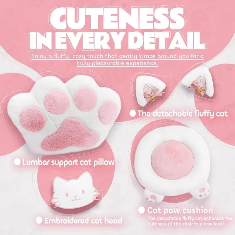 Pink Gaming Chair Cute with Cat Ears Paw Lumbar and Cushion,Ergonomic Computer Chair with Footrest