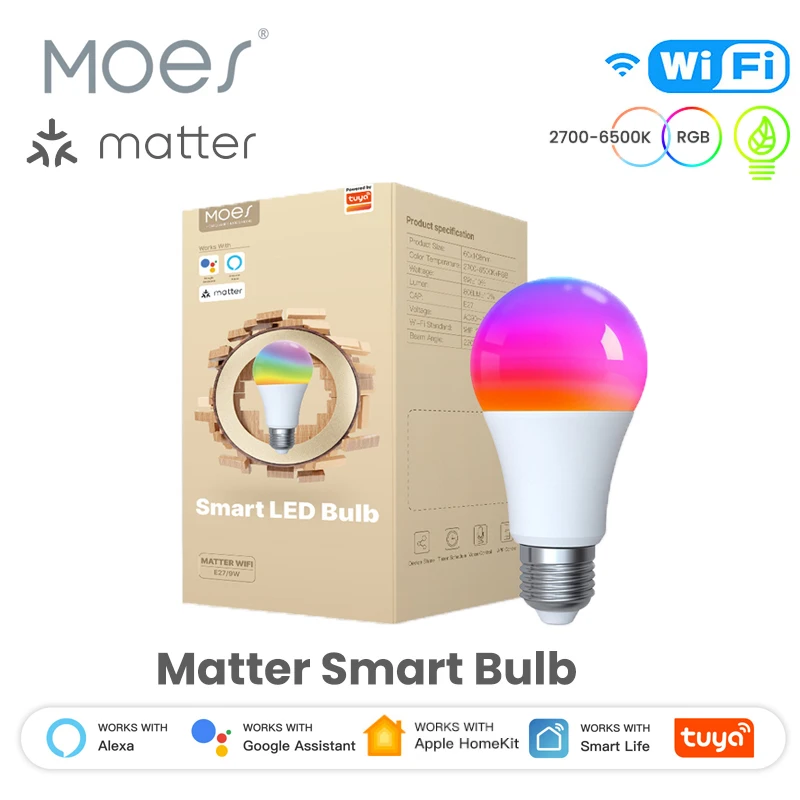 

MOES Tuya Matter WiFi Smart Bulb Dimmable Led Light 16 Million RGB Colors E27 Candle Lamp Voice Control Alexa Google Home