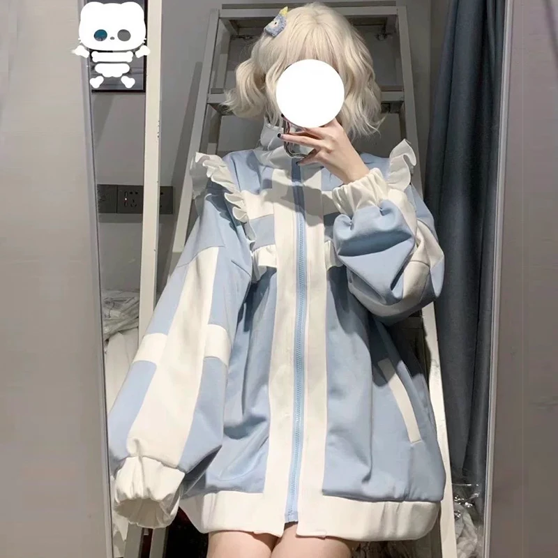 Dameskleding Y2K Zoete steek Subcultuur Patchwork Hoodies Dames Herfst Winter Ruches Hoodie met Fleece Losse Rits shirt