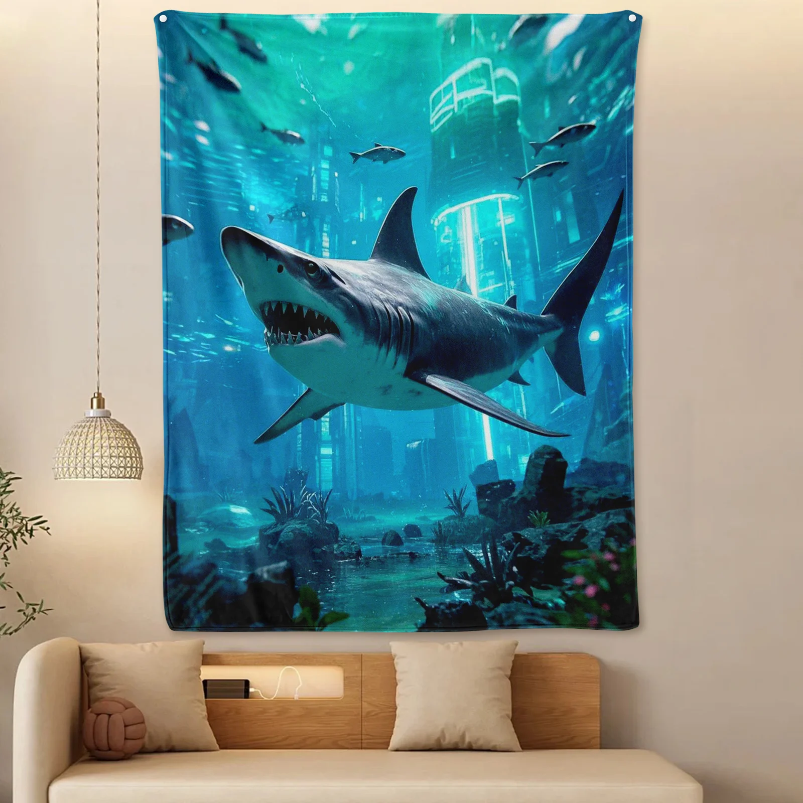 Cyberpunk Shark Blanket With Futuristic Underwater City Design For A Sleek And Edgy Modern Home Decor Statement