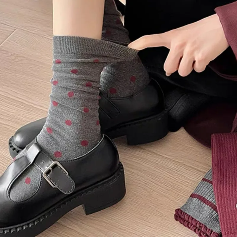 Women Cotton Middle Tube Socks Red Gray Bow Striped Dot High Quality Spring and Autumn Ins Fashion Harajuku Korean Style Sock