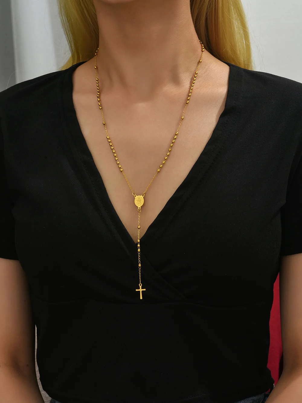 Charm Stainless Steel Metal Beads Body Chain Cross Long Necklaces New Fashion 18K PVD Plated Drop Necklace
