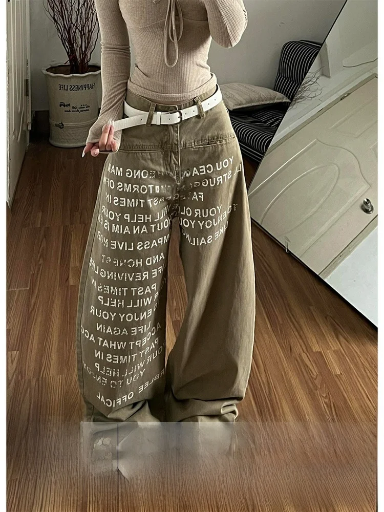 

Slimming Effect Khaki Printed Letter Casual High Waist Denim Jeans Women's Summer New Style Loose Long Trousers