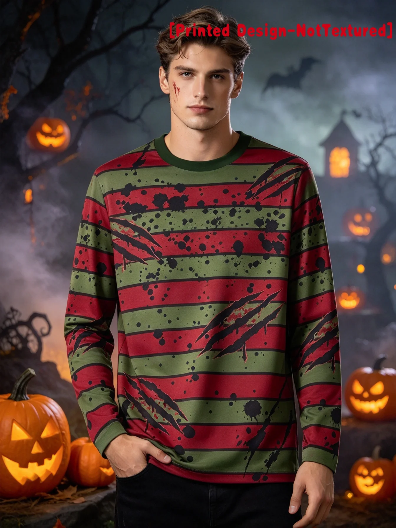 New Men’s Long-Sleeve T-Shirt – Striped, Horror-Themed Claw Mark Print – Stylish, Trendy, Casual, Halloween-Ready