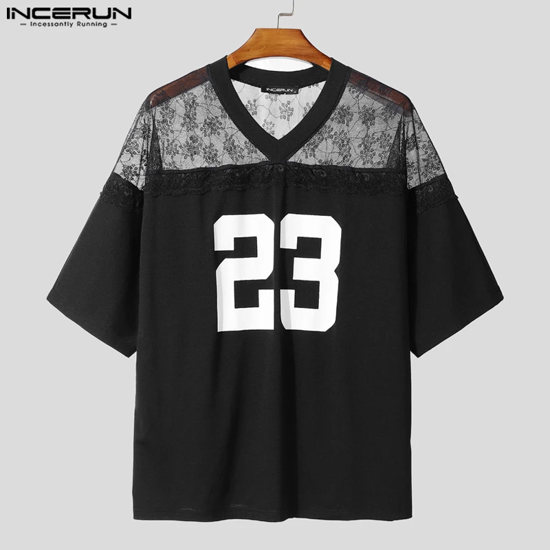 INCERUN الرجال تي شيرت الدانتيل المرقعة الطباعة الخامس الرقبة قصيرة الأكمام فضفاضة الذكور المحملة القمم الصيف الشارع الشهير 2025 موضة الرجال الملابس
