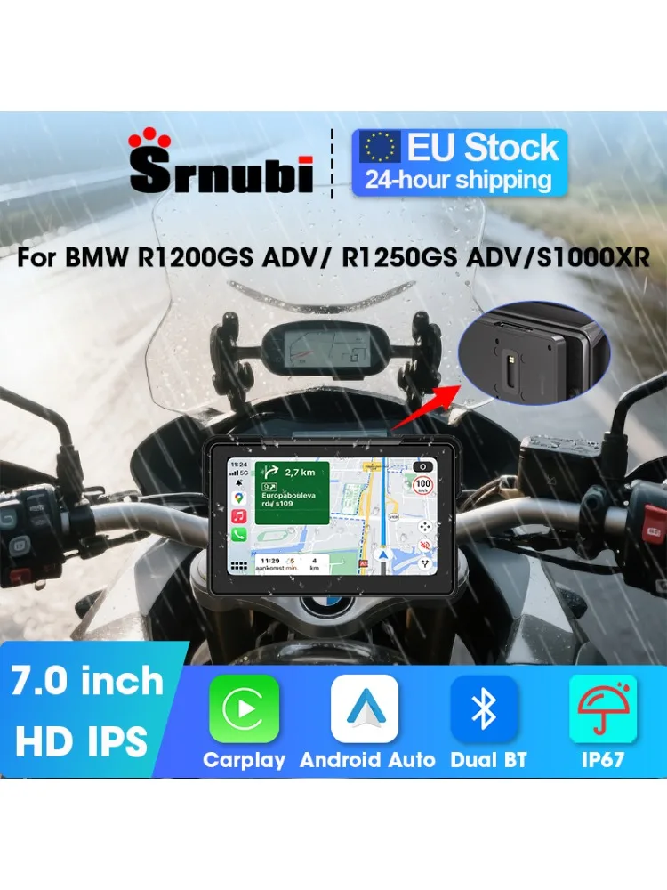Srnubi 7 Zoll Motorrad-Carplay-Bildschirm GPS-Navigation Nur für BMW R1200GS ADV R1250GS Moto-Monitor Kabelloses Carplay Android Auto BT