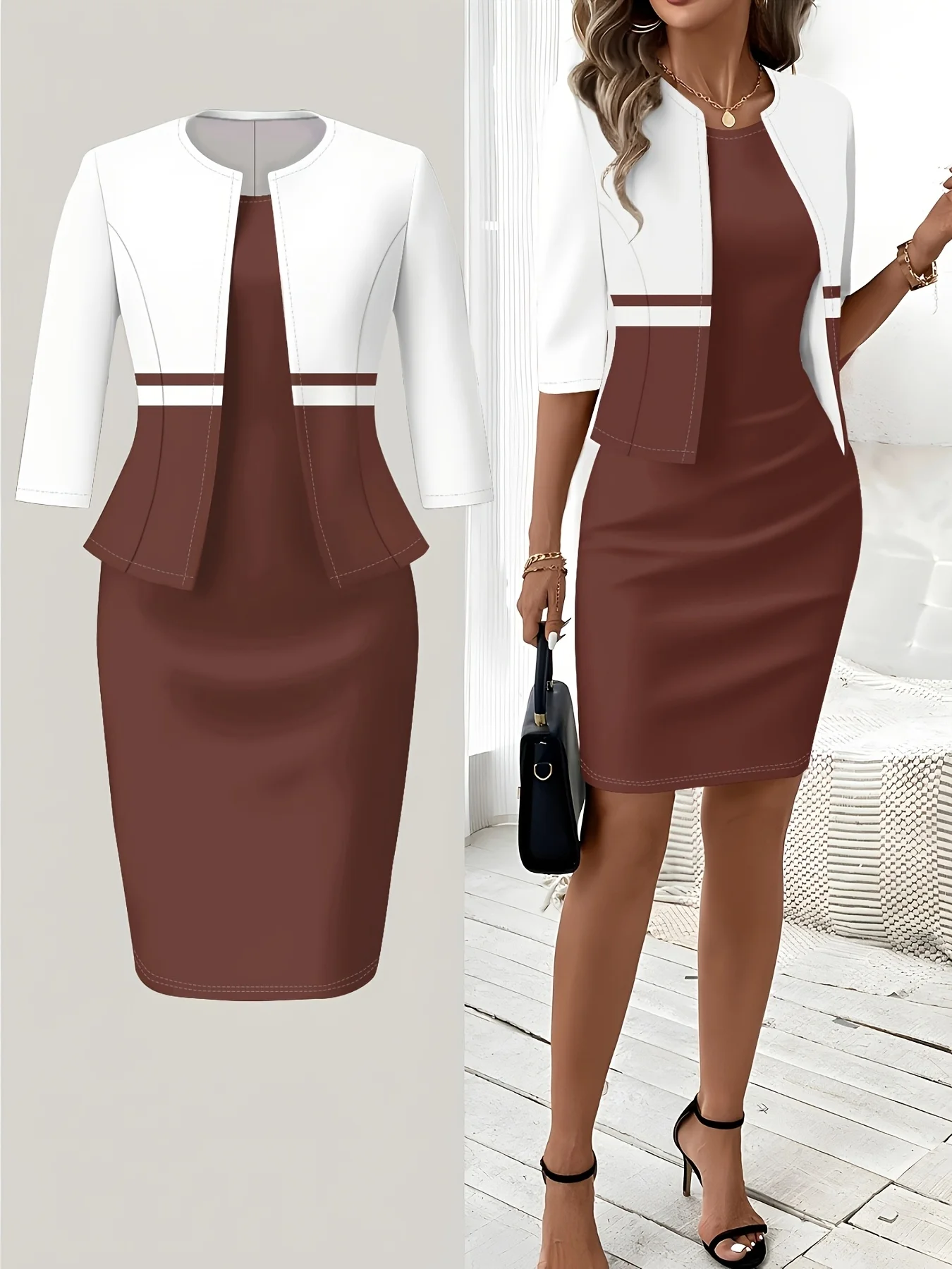 Printed Design Autumn and winter styles casual style White And Brown Color Block crew neck dress suit