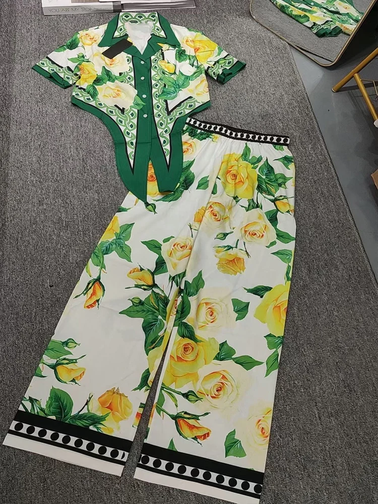 Retro summer new yellow rose print lapel short sleeve short shirt high waist wide leg casual trousers fashion two-piece suit.