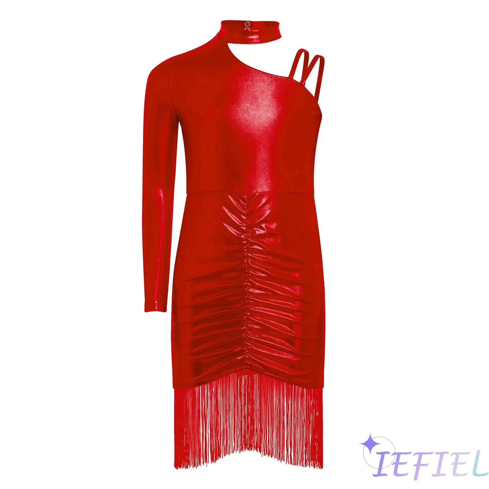 

Kids Girls Latin Chacha Dance Costume Metallic Asymmetrical Shoulder Tassels Ruched Dress for Elegant Latin Samba Dance Shows