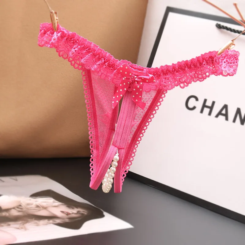 Pakaian Dalam Wanita Seksi Model G-String Berlubang dengan Hiasan Mutiara dan Pita, Celana Dalam Thong Warna Solid Pinggang Rendah, Pakaian Dalam Menggoda 2025